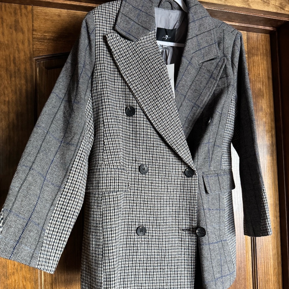 7 For All Mankind Women Mixed Pattern Double Breasted Plaid Blazer Wool